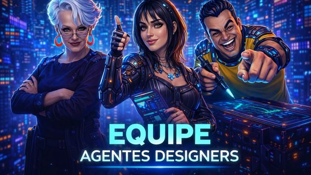 Três agentes designers, ilustração da equipe de IA da Maha Focus